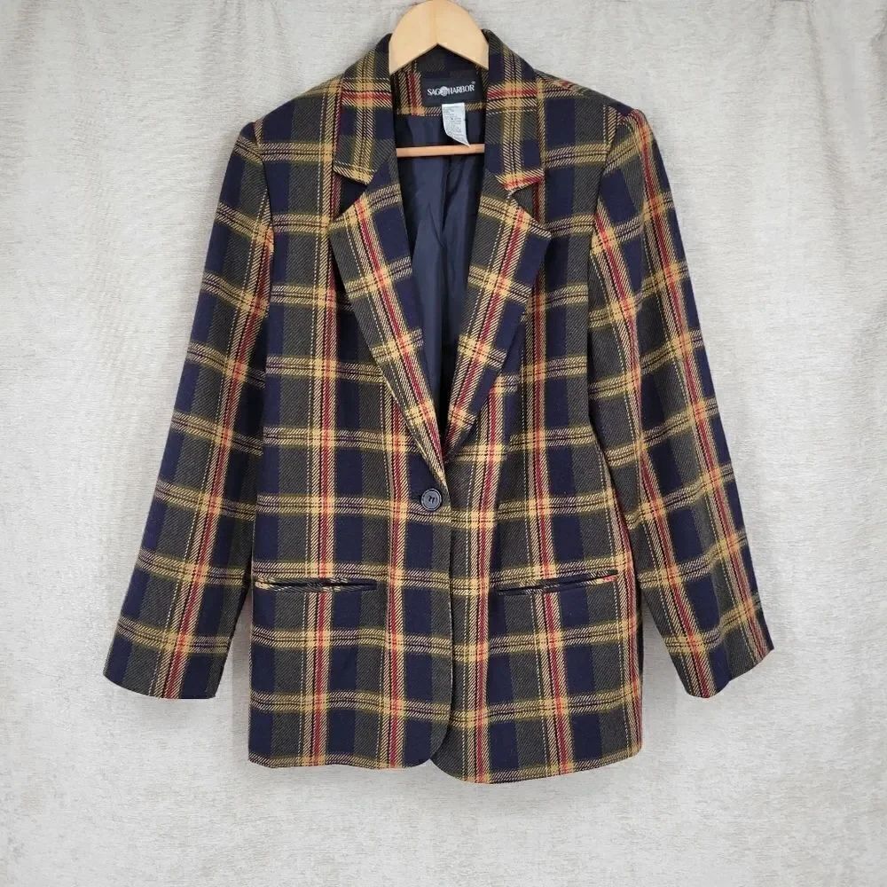 Sag Harbor Gold & Navy Vintage Wool Blend Plaid Blazer Women's Size 12